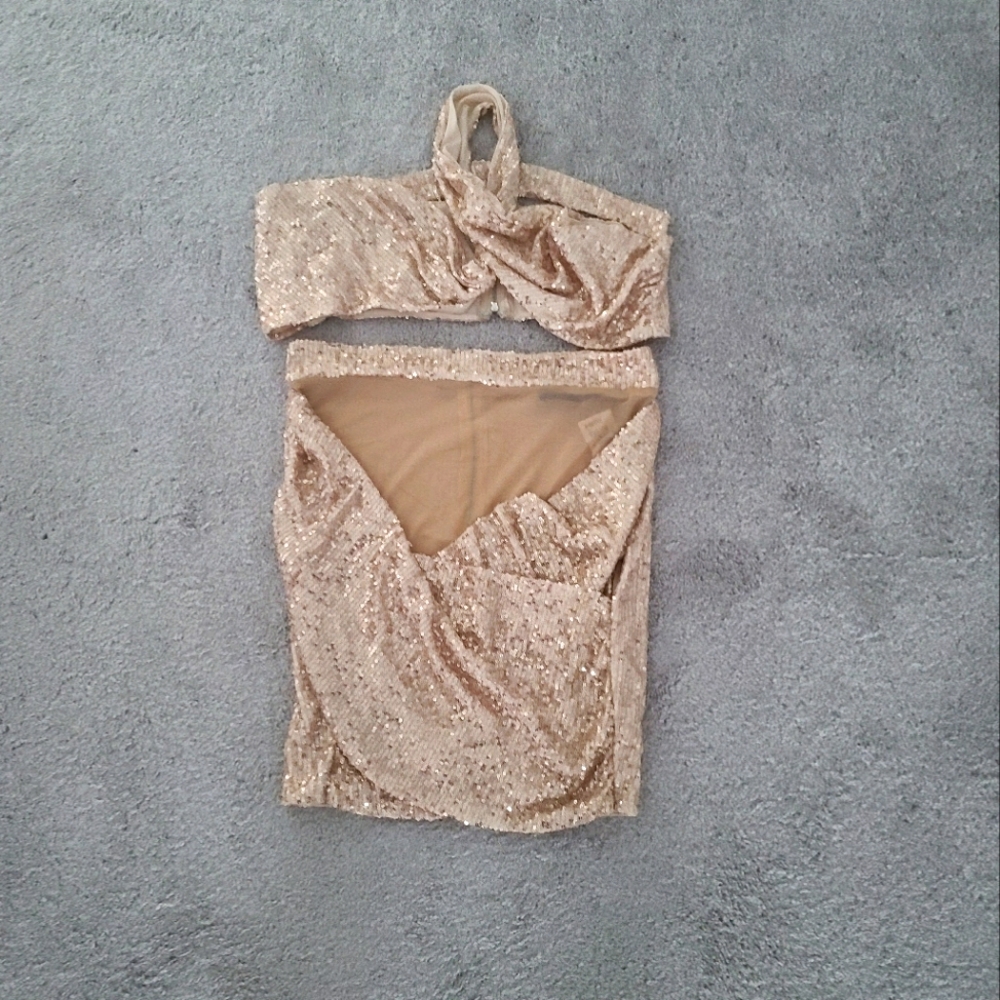 NWT AKIRA Can’t Compare Gold Sequin Mini Skirt with Matching Crop Top